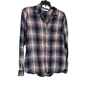 Plaid Flannel Top Blue Pink Yellow Maurices Button Down Shirt Size‎ S EUC
